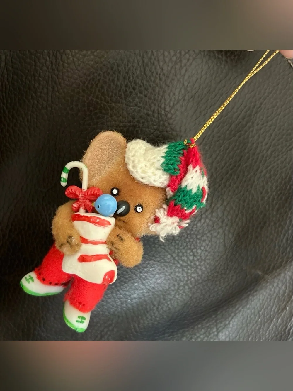 Vintage 1960’s Flocked Koala Christmas Tree Ornament w/ Stocking & Candy Cane